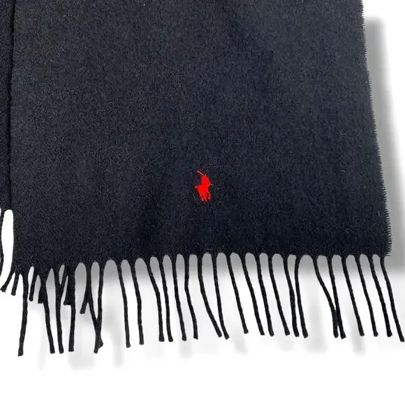 POLO Ralph Lauren Wool Scarf Lambswool Made in Scotland Black Fringe - Picture 4 of 5